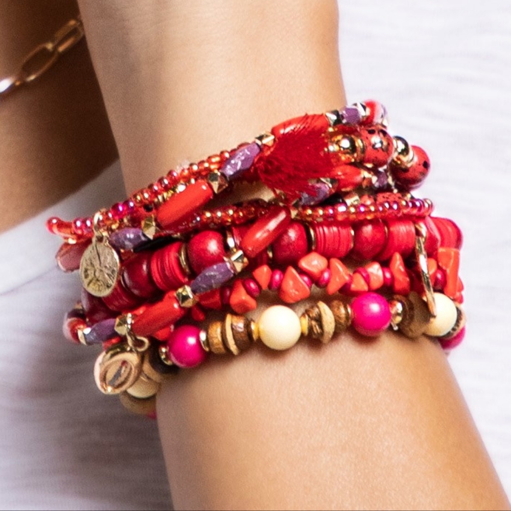 Red Boho Chic Multi Layered Stretch Bracelet w Golden Seashell & Coin Charms